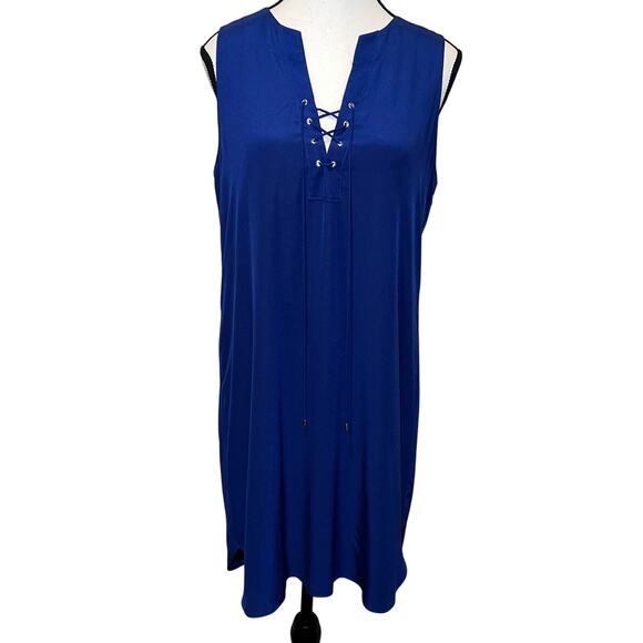 Amanda Uprichared Michaela Lace Up Silk Shift Dress Deep Royal Blue Size S - Picture 3 of 14